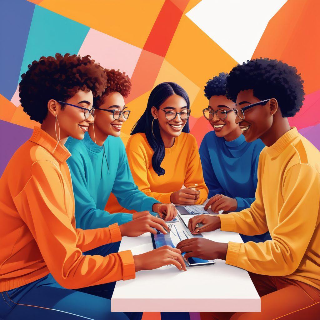 A vibrant digital illustration showcasing a diverse group of adults engaging and thriving in various online community activities, such as chatting, gaming, and sharing ideas, interconnected through colorful lines symbolizing communication. The backdrop features abstract shapes representing inclusivity and growth. The color palette is warm and inviting, evoking a sense of community and connection. vibrant colors. digital art.