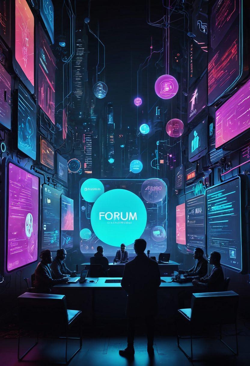 A mysterious and captivating digital landscape featuring a hidden forum interface with various abstract icons representing mature content discussions. In the foreground, a figure shrouded in shadows is immersed in exploring the forum, with glowing text bubbles revealing intriguing secrets. The background is a blend of dark hues and neon colors, symbolizing the allure and complexity of mature online communities. super-realistic. cyberpunk. vibrant colors.
