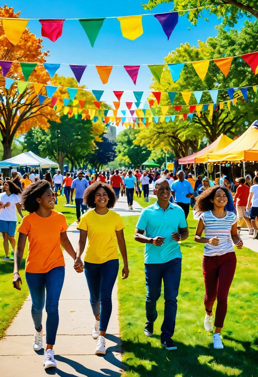 A lively scene showcasing diverse adults engaged in vibrant community activities and social interactions, filled with laughter and joy. Incorporate elements like colorful banners, engaging games, and a backdrop of a sunny park setting. Showcase a mix of ages and ethnicities to emphasize inclusivity and connection. Use bold, vibrant colors to evoke energy and enthusiasm. digital illustration. vibrant colors. sunny day.